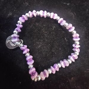 Viacom 2018 Heart Charm Purple Stones Silver Tone Beads Stretch Bracelet